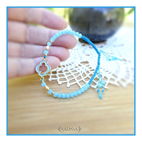 Bracelet perles bleu opale connecteur et perles doré à l'or fin fermoir lien coulissant macramé (#bc341)