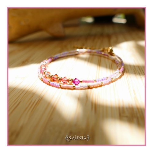 Vendu - bracelet double rang cristal et perles japonaises en dégradé de rose perles dorées à l'or fin (#bc400)