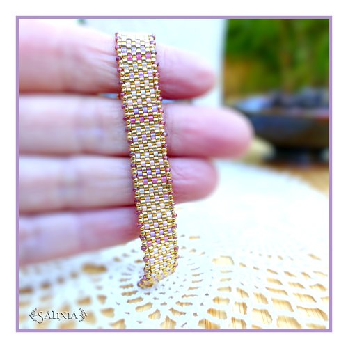 Bracelet tissage perles de rocaille japonaises en dégradé de rose et de doré chainette et mousqueton acier inoxydable doré (#bc401)
