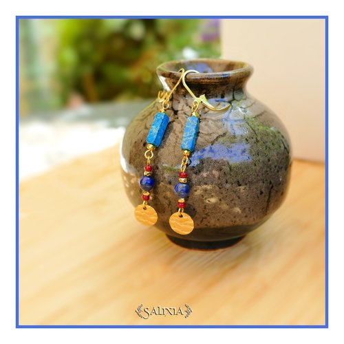 Boucles d'oreilles pierres fines lapis lazuli dormeuses ou crochets acier inoxydable doré (#bo866)