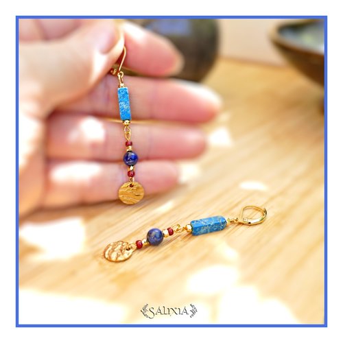 Boucles d'oreilles pierres fines lapis lazuli dormeuses ou crochets acier inoxydable doré (#bo866)