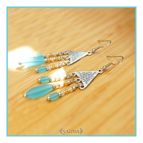 Boucles d'oreilles gouttes turquoise connecteurs ethniques plaqué argent fin vieilli crochets acier inoxydable (#bo867)