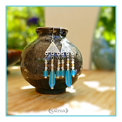Boucles d'oreilles gouttes turquoise connecteurs ethniques plaqué argent fin vieilli crochets acier inoxydable (#bo867)