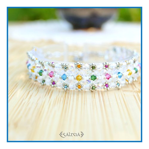 Bracelet cristal perles de bohème aurore boréale breloque libellule fermoir acier inoxydable (#bc391)