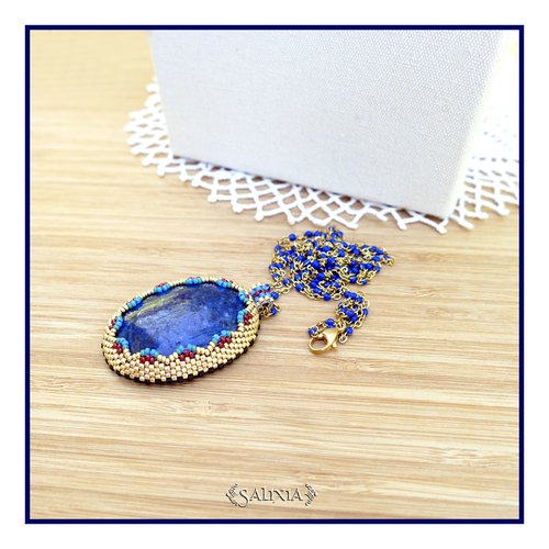 Pièce unique - collier pendentif cabochon lapis lazuli sertissage perles japonaises choix du modèle la chaine et de sa taille (#c311)
