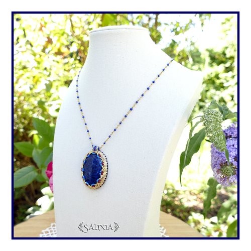 Pièce unique - collier pendentif cabochon lapis lazuli sertissage perles japonaises choix du modèle la chaine et de sa taille (#c311)