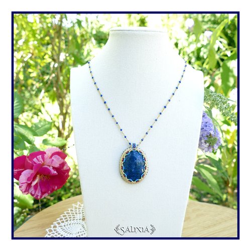 Pièce unique - collier pendentif cabochon lapis lazuli sertissage perles japonaises choix du modèle la chaine et de sa taille (#c311)