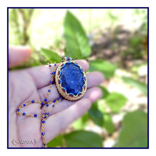 Pièce unique - collier pendentif cabochon lapis lazuli sertissage perles japonaises choix du modèle la chaine et de sa taille (#c311)
