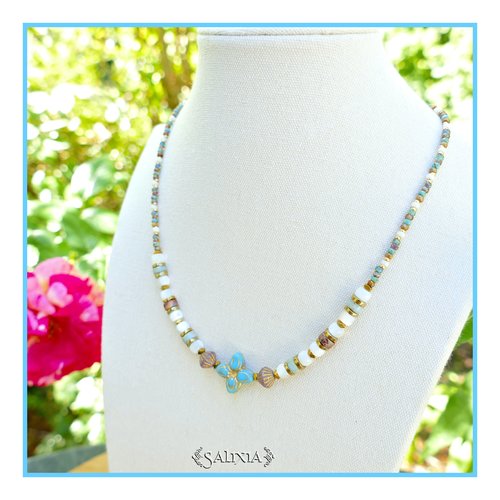 Collier "moana" fleur de bohème turquoise perles heishi en jaspe en nacre perles japonaises (#c315 p257)