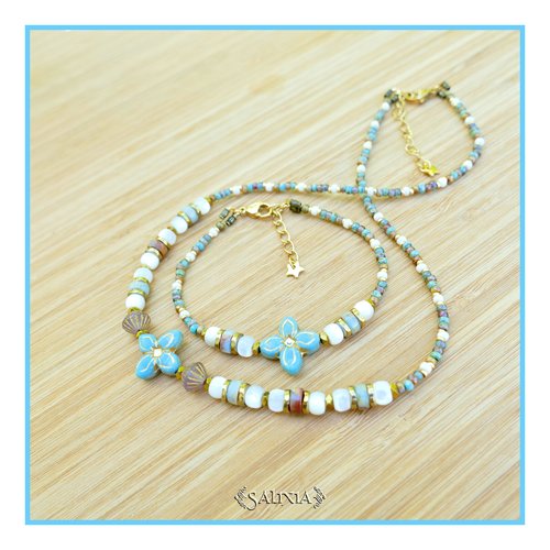 Collier "moana" fleur de bohème turquoise perles heishi en jaspe en nacre perles japonaises (#c315 p257)