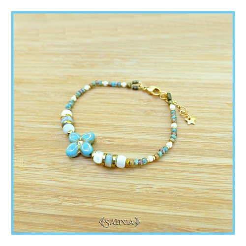 Bracelet "moana" fleur de bohème turquoise perles heishi en jaspe en nacre perles japonaises (#bc398 p257)