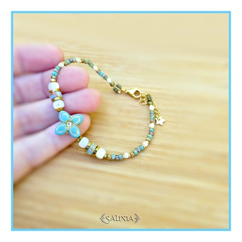 Bracelet "moana" fleur de bohème turquoise perles heishi en jaspe en nacre perles japonaises (#bc398 p257)