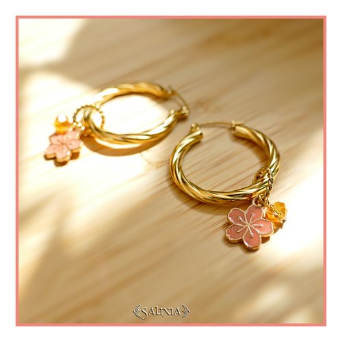 Boucles d'oreilles sakura créoles torsadées acier inoxydable doré (#bo865)