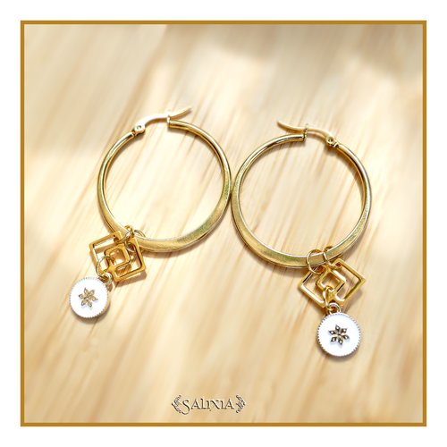 Boucles d'oreilles créoles breloque fleur étoilée acier inoxydable doré (#bo781)