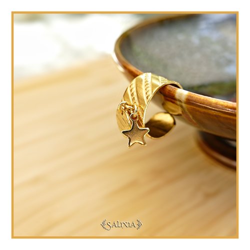 Bague découpe laser en acier inoxydable doré breloque étoile et sequin texturé (#bg30)