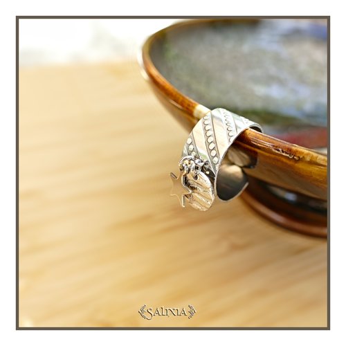 Bague découpe laser en acier inoxydable breloque étoile et sequin texturé (#bg31)