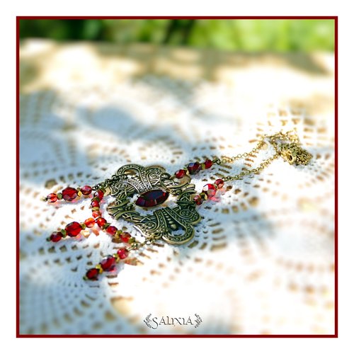 Pièce unique - collier victorien laiton doré patiné antique haute qualité cristal et perles de bohème rouge rubis (#c309)