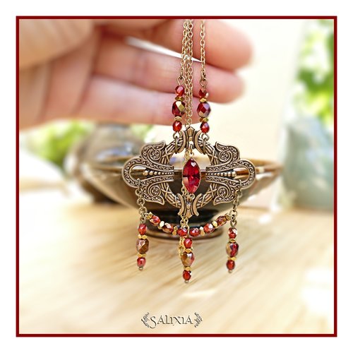 Pièce unique - collier victorien laiton doré patiné antique haute qualité cristal et perles de bohème rouge rubis (#c309)