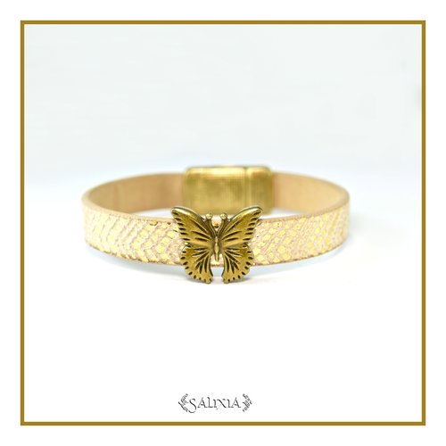 Bracelet papillon aspect peau de serpent doré fermoir magnétique bronze (#bc392)