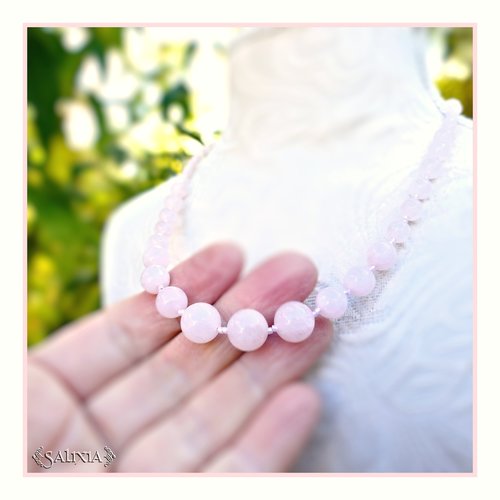 Collier "magnolia" pierres fines de quartz rose chaine et mousqueton acier inoxydable (#c322 p262)