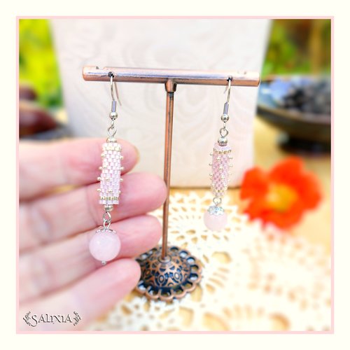 Boucles d'oreilles "magnolia" pierres fines de quartz rose perles japonaises rose albatre crochets acier inoxydable (#bo873 p262)