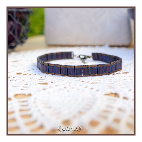 Bracelet tissé perles tila mat lie de vin et bronze patiné antique métallisé (#bc405)