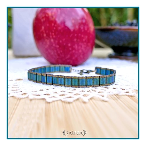 Bracelet tissé perles tila mat bleu vert et bronze patiné antique métallisé (#bc406)
