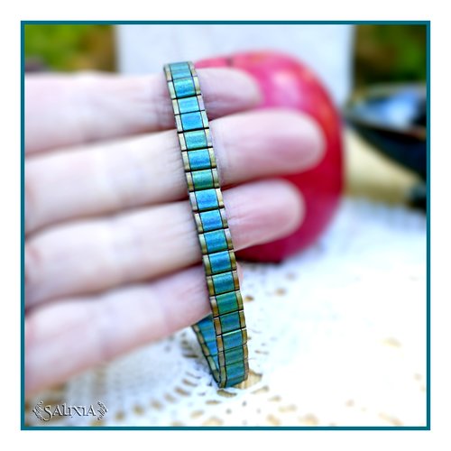 Bracelet tissé perles tila mat bleu vert et bronze patiné antique métallisé (#bc406)