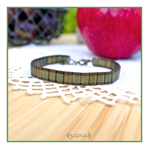 Bracelet tissé perles tila mat khahi et bronze patiné antique métallisé (#bc407)