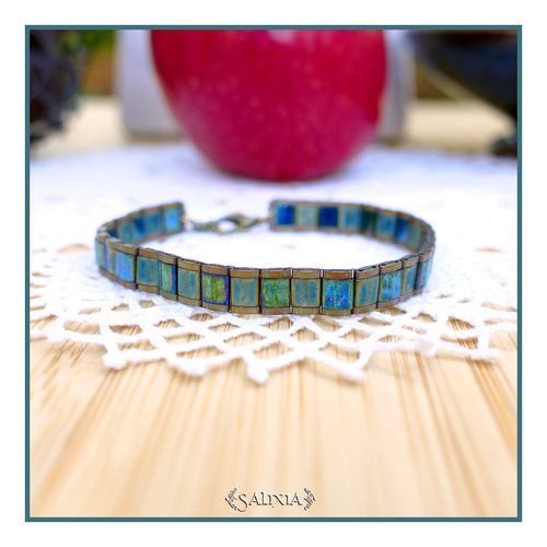 Bracelet tissé perles tila mat et brillantes bleu vert patiné antique métallisé (#bc408)