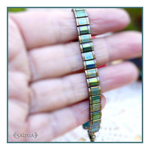 Bracelet tissé perles tila mat et brillantes bleu vert patiné antique métallisé (#bc408)