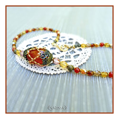 Pièce unique - collier pendentif imposante perle d'agate orangée sertissage perles japonaises et de bohème (#c310)
