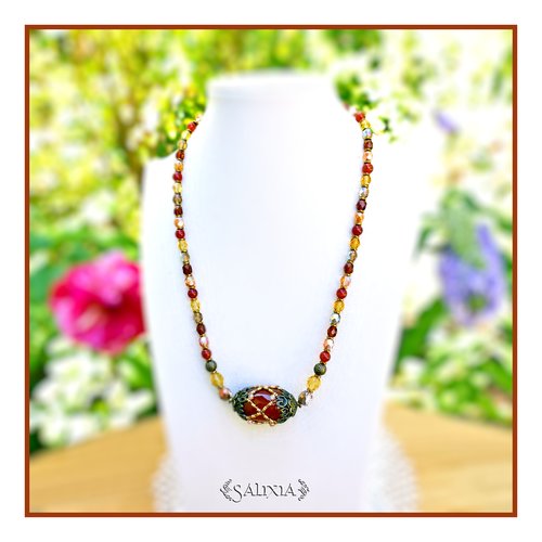 Pièce unique - collier pendentif imposante perle d'agate orangée sertissage perles japonaises et de bohème (#c310)