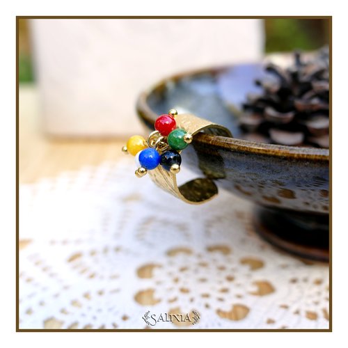 Bague découpe laser en acier inoxydable doré breloques perles de jade (#bg28)