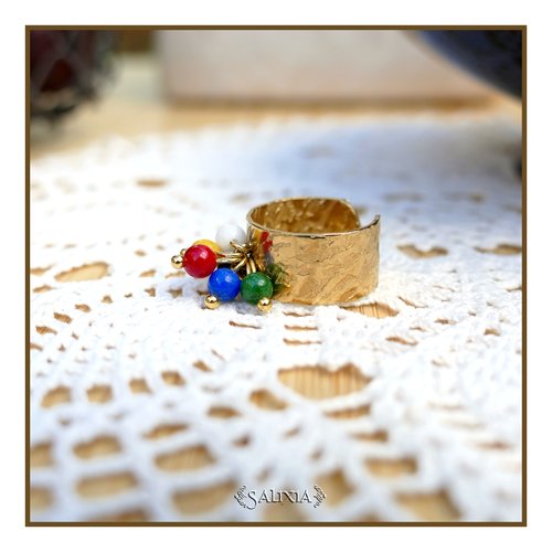 Bague découpe laser en acier inoxydable doré breloques perles de jade (#bg28)