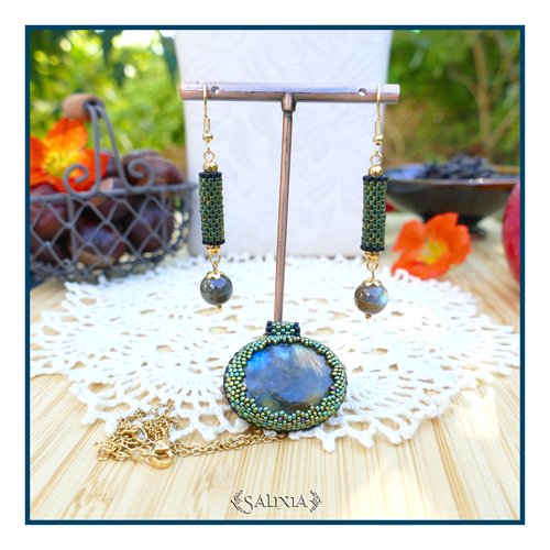 Pièce unique - collier "lyana" cabochon labradorite tissage perles japonaises émeraude irisées (#c316 p258)