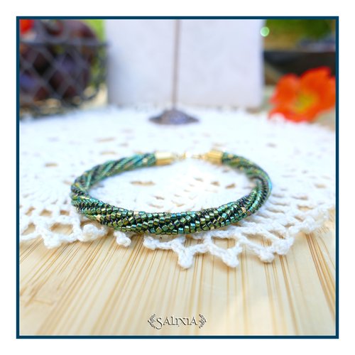Bracelet "lyana" tissage torsadé perles japonaises émeraude irisé mousqueton acier inoxydable doré (#b410 p258)