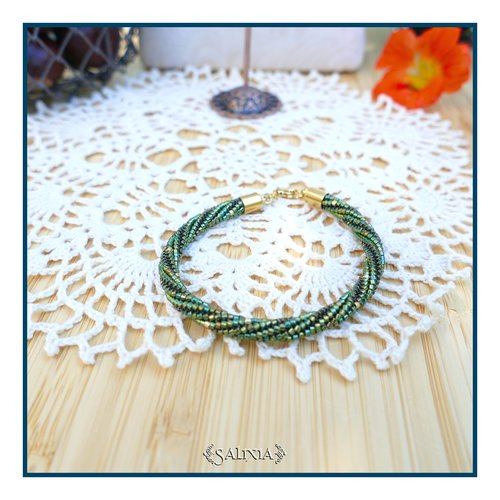 Bracelet "lyana" tissage torsadé perles en verre japonaises émeraude irisé mousqueton acier inoxydable doré 24 carats(#b410 p258)
