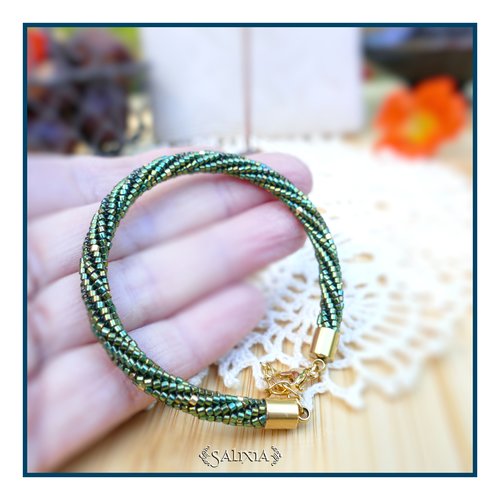 Bracelet "lyana" tissage torsadé perles japonaises émeraude irisé mousqueton acier inoxydable doré (#b410 p258)