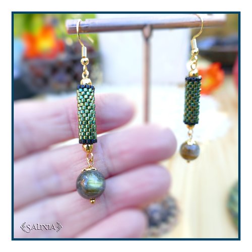 Boucles d'oreilles "lyana" pierres fines de labradorite perles japonaises émeraude irisé crochets acier inoxydable doré (#bo869 p258)