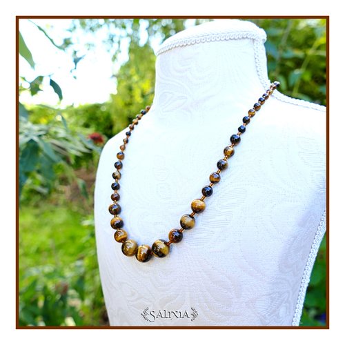 Collier "tahia" pierres fines d’œil de tigre chaine et mousqueton acier inoxydable doré (#c320 p259)