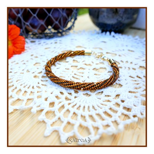Bracelet "tahia" torsadé tissé à l'aiguille perles japonaises miel ambré (#bc411 p259)