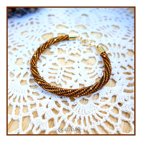 Bracelet "tahia" torsadé tissé à l'aiguille perles japonaises miel ambré (#bc411 p259)