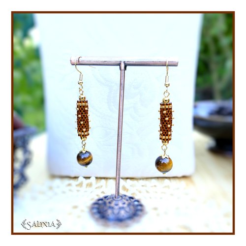 Boucles d'oreilles "tahia" pierres fines d’œil de tigre perles japonaises miel ambré crochets acier inoxydable (#bo870 p259)