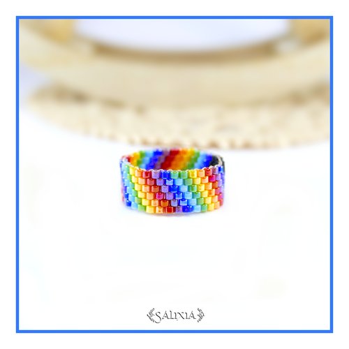 Bague arc en ciel tissée à l'aiguille avec des perles en verre japonaises (#bg23-27)