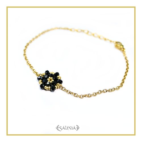 Bracelet "black flower" fleur tissée perles noires perles japonaises dorées chaine et mousqueton acier inoxydable doré (#bc418 p263)