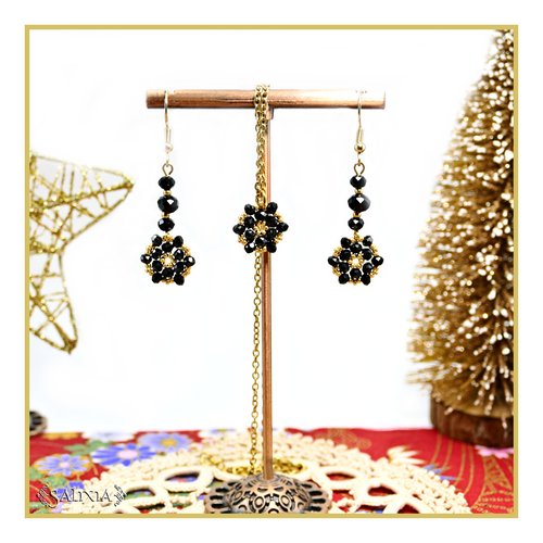 Boucles d'oreilles "black flower" fleurs tissées perles noires perles japonaises dorées crochets acier inoxydable doré (#bo885 p263)