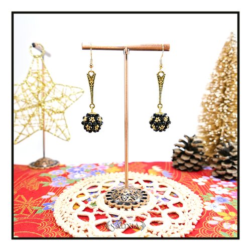 Vendues - boucles d'oreilles collection "berries" tissées perles noires perles japonaises dorées crochets acier inoxydable doré (#bo874)