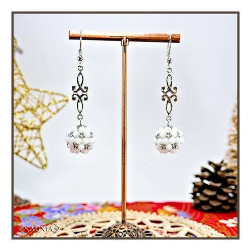 Boucles d'oreilles collection "berries" tissées perles blanches perles japonaises argent crochets acier inoxydable (#bo875)