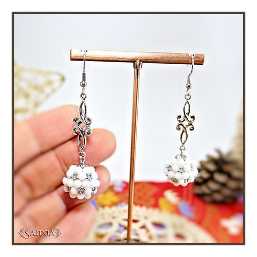 Boucles d'oreilles collection "berries" tissées perles blanches perles japonaises argent crochets acier inoxydable (#bo875)